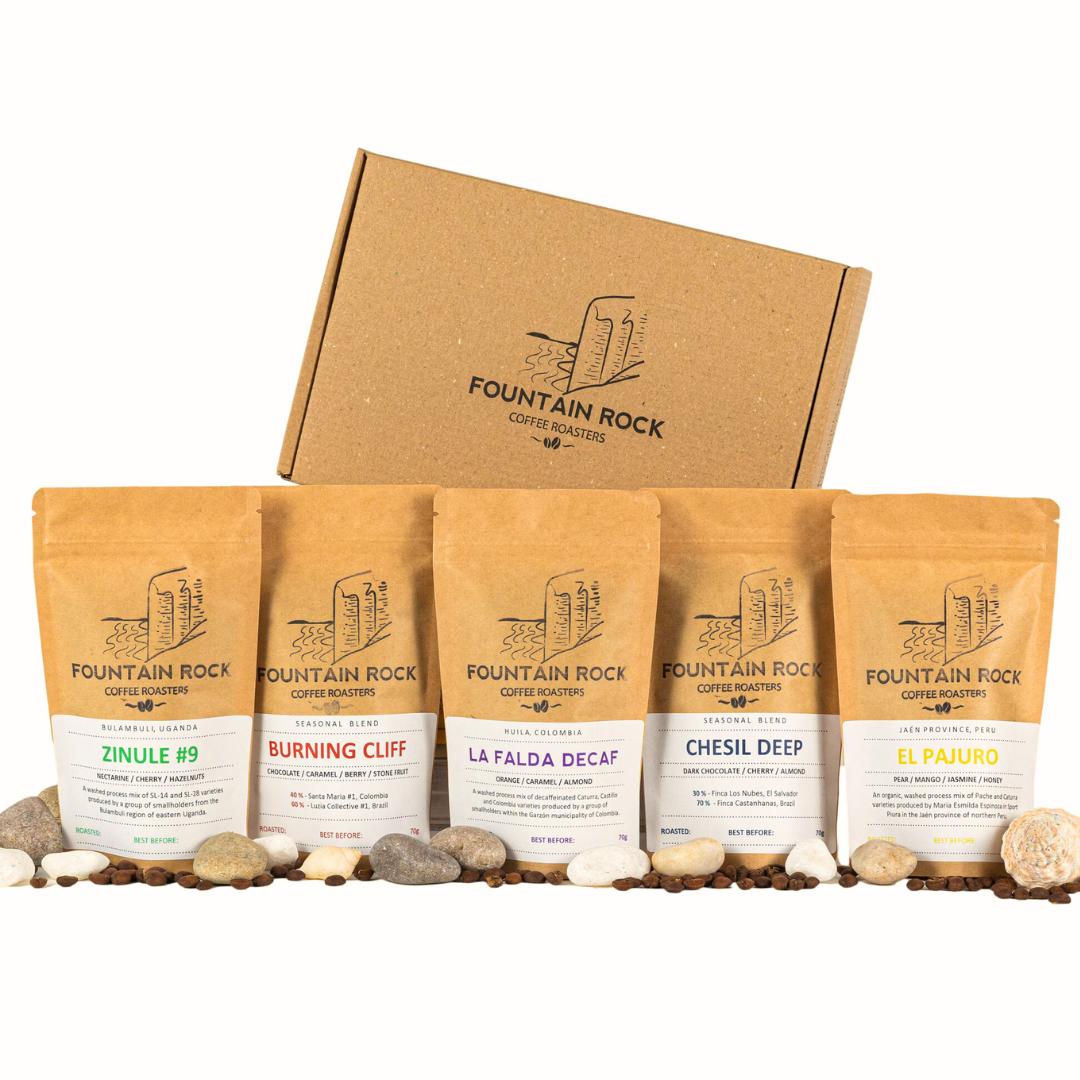 Mini Coffee Explorer Box Set Pro - Five 70 g Speciality coffees housed within an attractive brown postal box